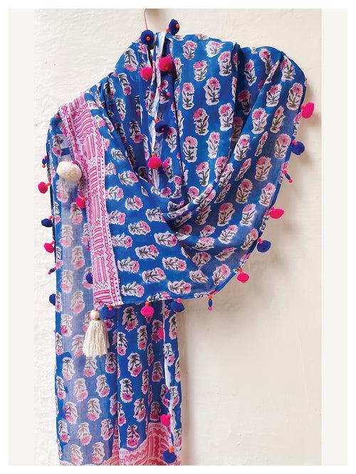 Peppy Cotton Stole - Blue & Hot Pink