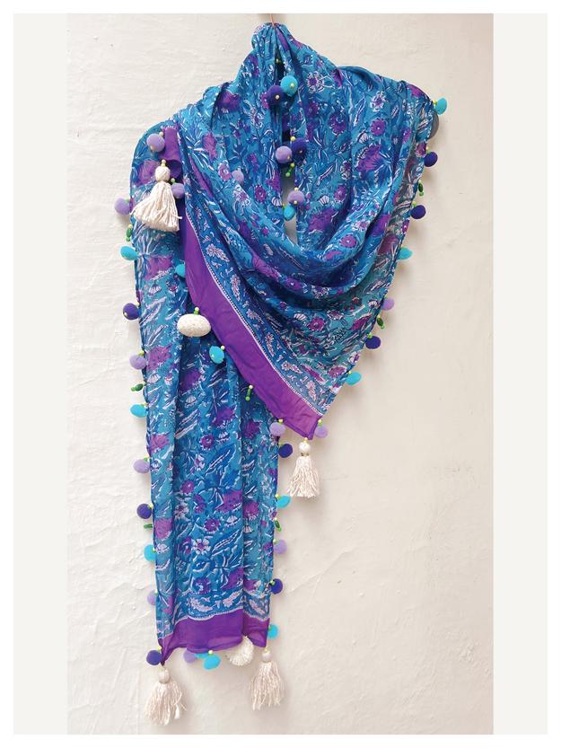 Peppy Cotton Stole - Blue & Purple