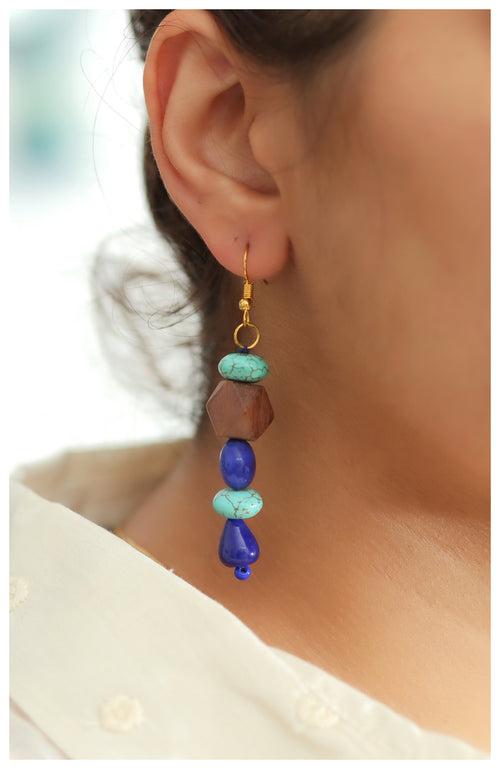 Wood Bead Drop Earrings - Blue