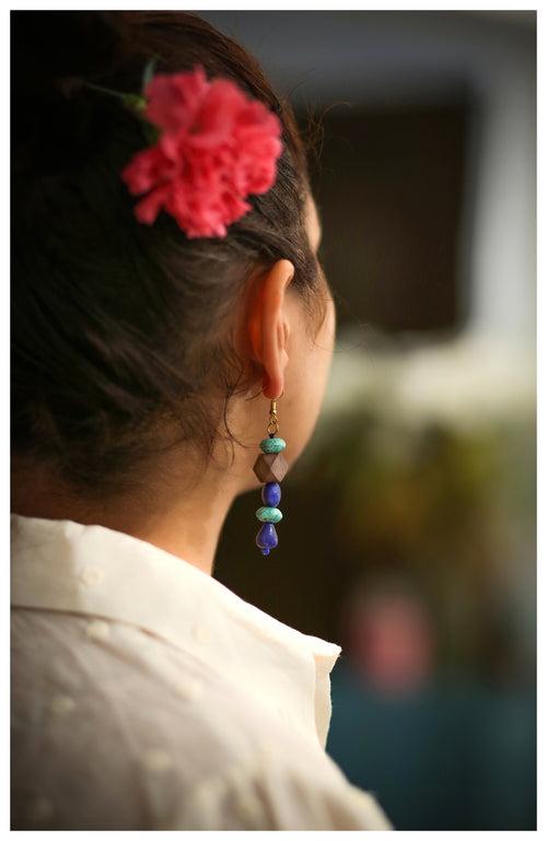 Wood Bead Drop Earrings - Blue