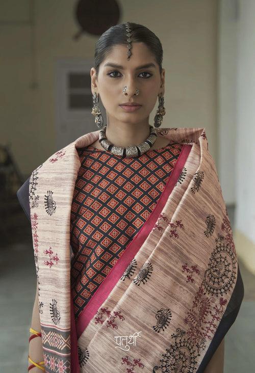 Tribal Art Off-White Knitted Silk Daily Wear Saree With Blouse