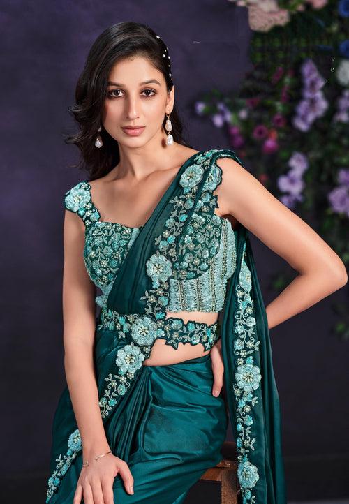 Partywear Emerald Green Crepe Silk Pre-Stitched Saree | Corset Blouse