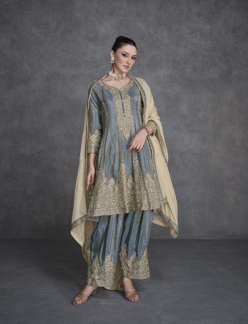 Occasion Wear Blue Organza Silk Designer Palazzo Kurta Suit