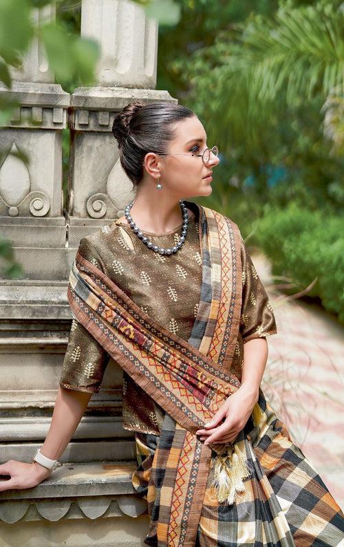 Casual Wear Multicoloured Checks Patterned Silk Saree With 2 Blouses