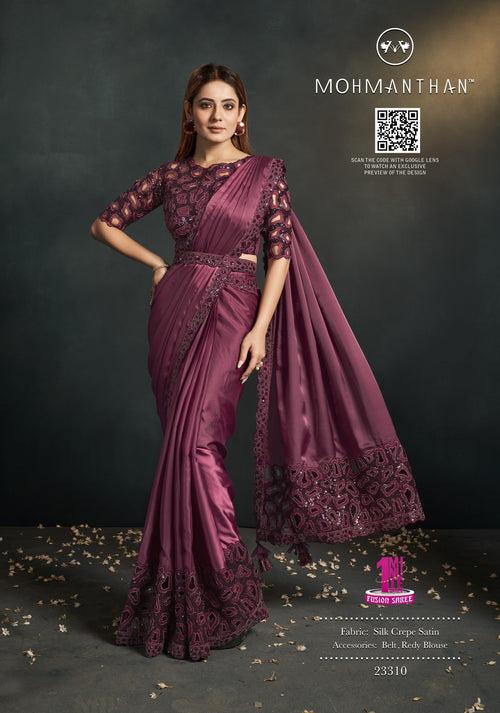 Evening Partywear Crepe Burgundy Sari with Belt