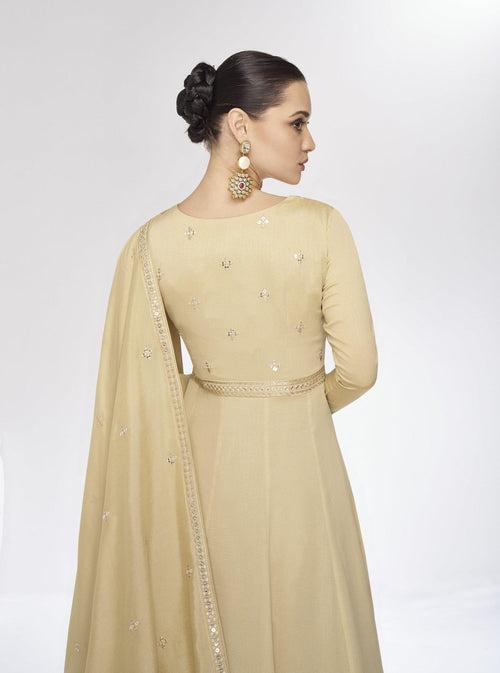 Indian Ethnic Beige Silk Fusion Fashion Ready-To-Wear Anarkali Gown