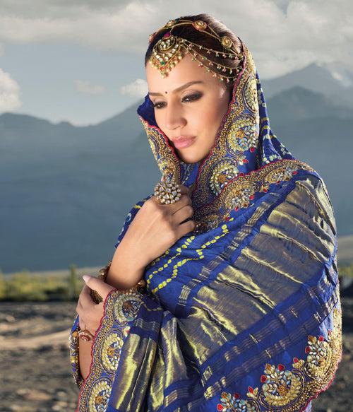 Wedding Special Blue Rajasthani Gajji Silk Kutchi Embroider Sari