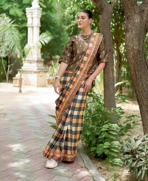 Casual Wear Multicoloured Checks Patterned Silk Saree With 2 Blouses