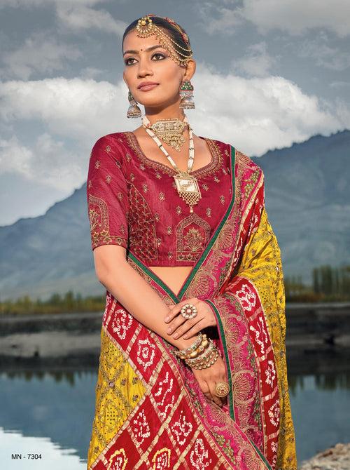 Haldi Wear Yellow Gajji Silk Bandhej Kutchi Work Traditional Sari