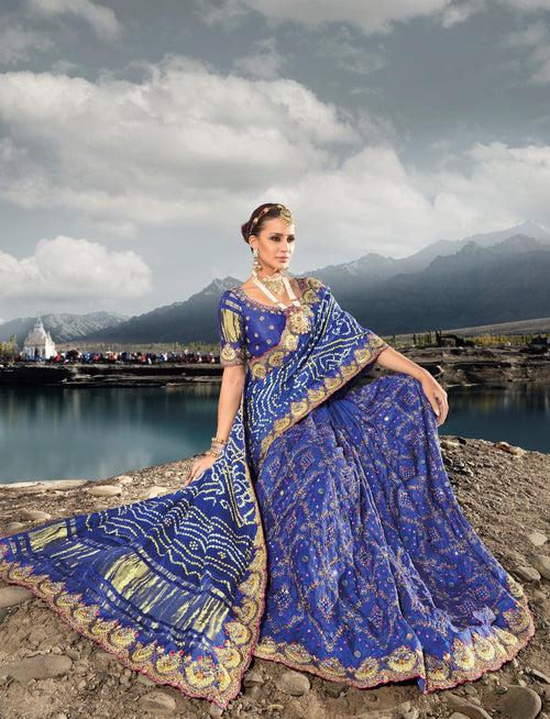 Wedding Special Blue Rajasthani Gajji Silk Kutchi Embroider Sari