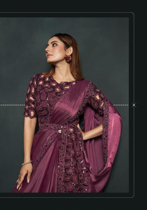 Evening Partywear Crepe Burgundy Sari with Belt