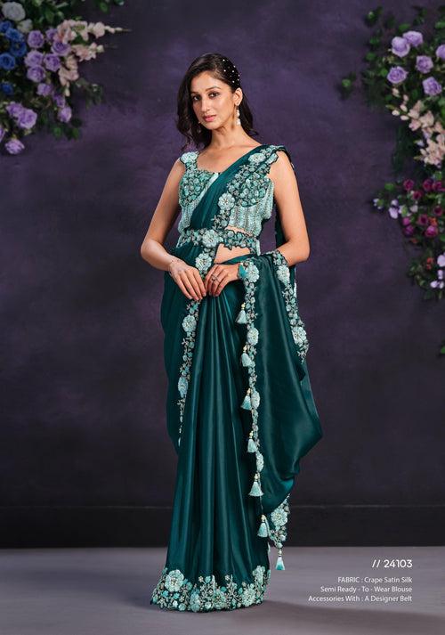 Partywear Emerald Green Crepe Silk Pre-Stitched Saree | Corset Blouse