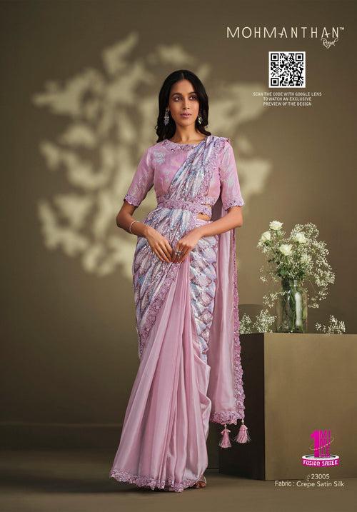 Pink Partywear Crepe Satin Silk Fusion Sari with Belt