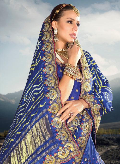 Wedding Special Blue Rajasthani Gajji Silk Kutchi Embroider Sari