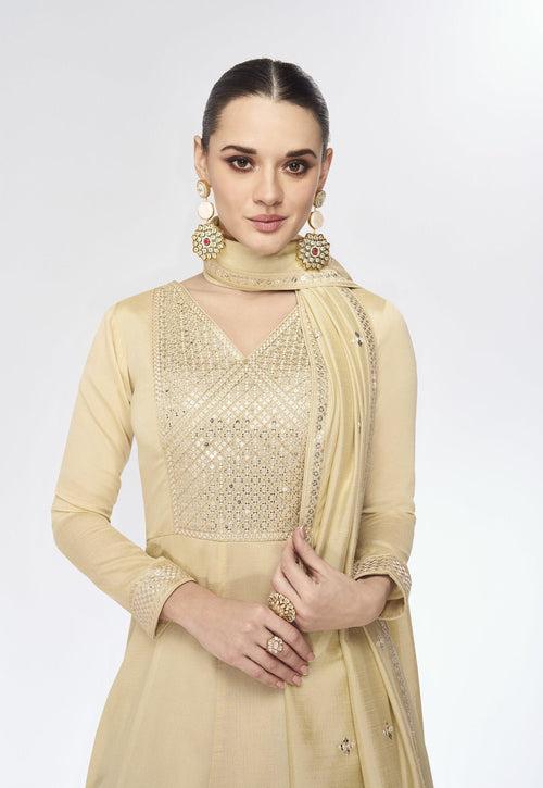 Indian Ethnic Beige Silk Fusion Fashion Ready-To-Wear Anarkali Gown