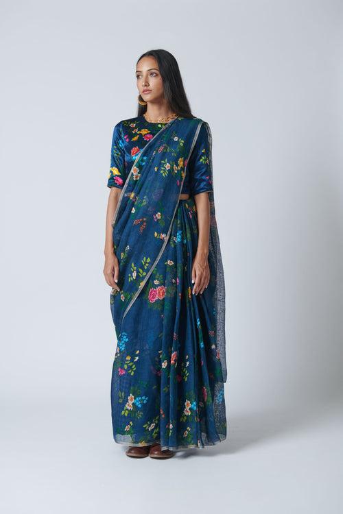 Midnight Trellis Linen Sari