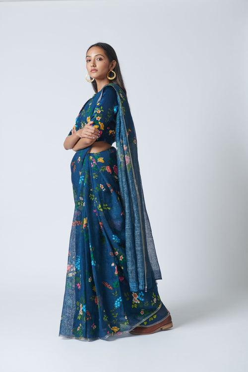 Midnight Trellis Linen Sari