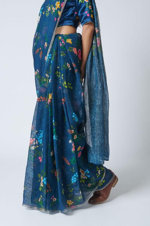 Midnight Trellis Linen Sari