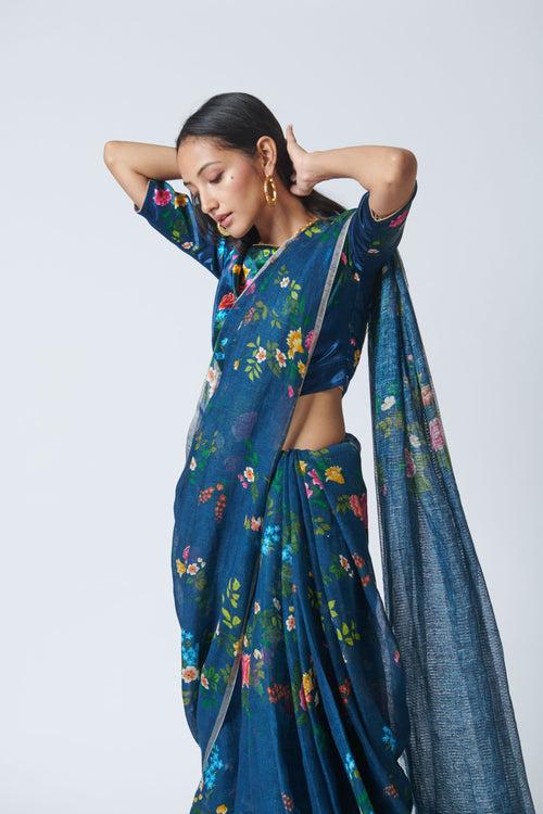 Midnight Trellis Linen Sari