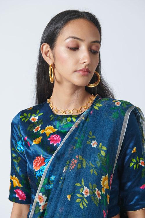 Midnight Trellis Linen Sari