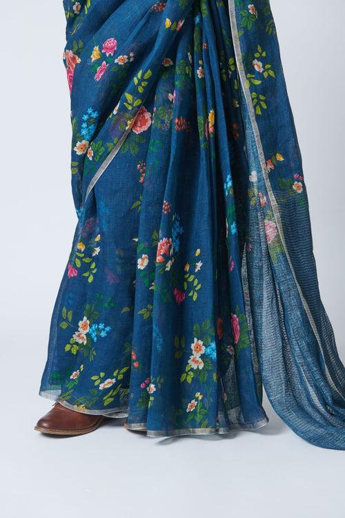 Midnight Trellis Linen Sari