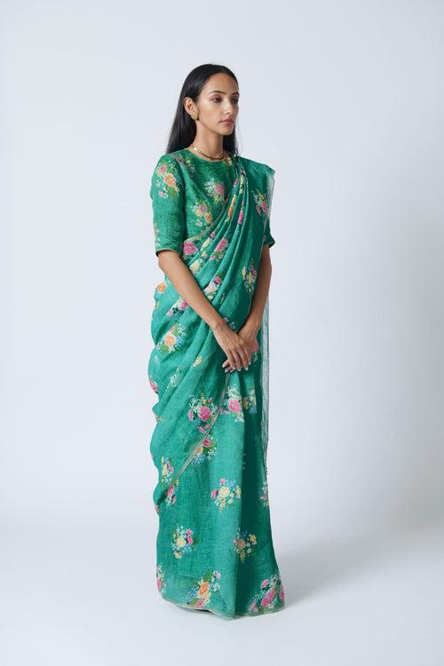 Jade Green Floral Bunch Linen Sari