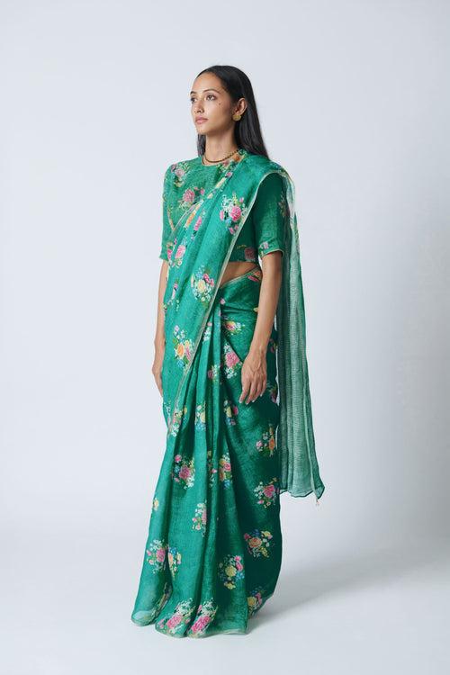 Jade Green Floral Bunch Linen Sari