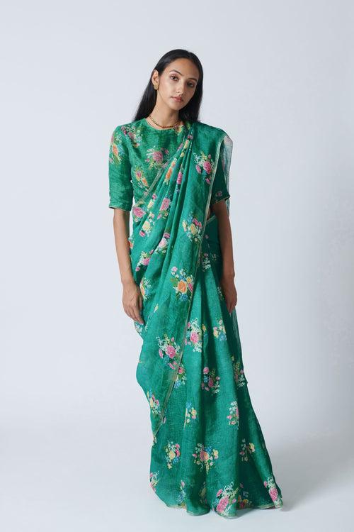 Jade Green Floral Bunch Linen Sari