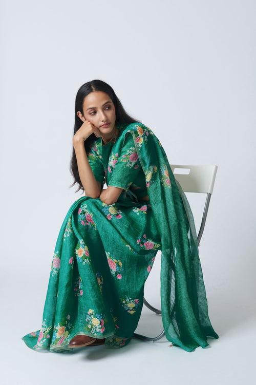 Jade Green Floral Bunch Linen Sari