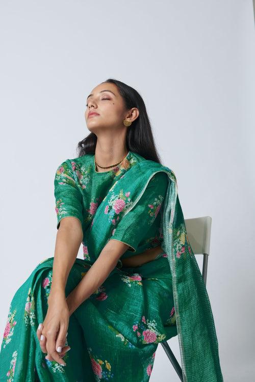 Jade Green Floral Bunch Linen Sari