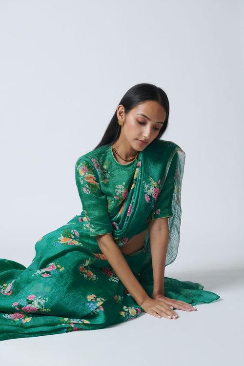 Jade Green Floral Bunch Linen Sari