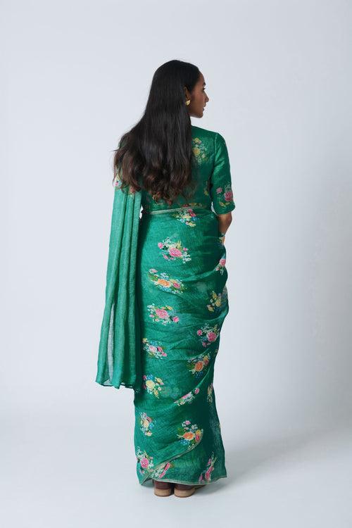 Jade Green Floral Bunch Linen Sari