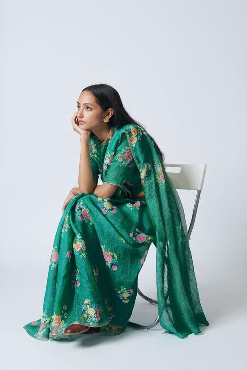 Jade Green Floral Bunch Linen Sari