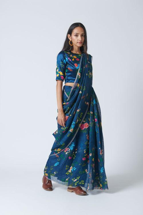 Midnight Trellis Linen Sari