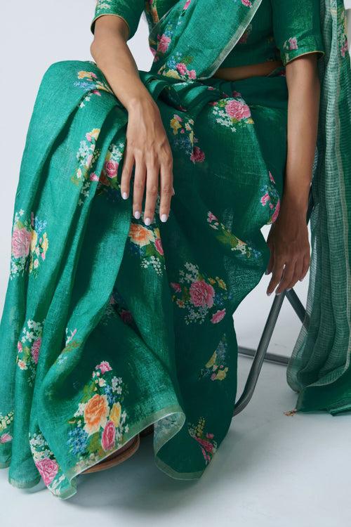 Jade Green Floral Bunch Linen Sari