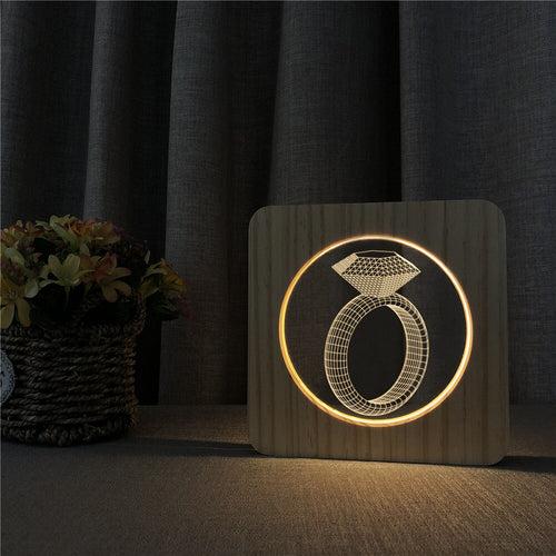 Diamond Ring 3D LED Arylic Wooden Night Light Lamp