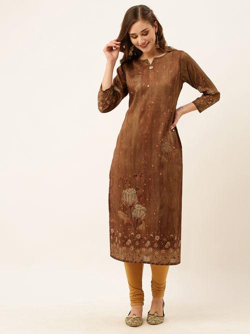 ZOLA Exclusive Round Neck Muslin All Over Big Floral Print Brown Straight Kurta For Women