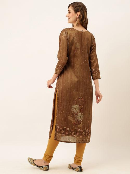 ZOLA Exclusive Round Neck Muslin All Over Big Floral Print Brown Straight Kurta For Women