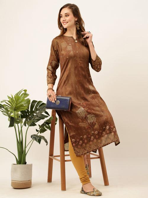 ZOLA Exclusive Round Neck Muslin All Over Big Floral Print Brown Straight Kurta For Women