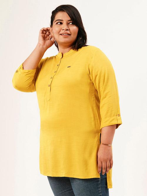 Exclusive Mandarin Collar Rayon Solid Mustard Straight Tunic For Women ZOLA