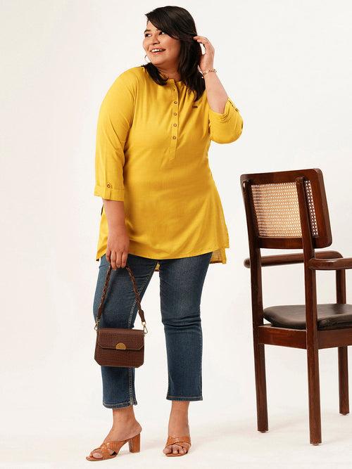 Exclusive Mandarin Collar Rayon Solid Mustard Straight Tunic For Women ZOLA