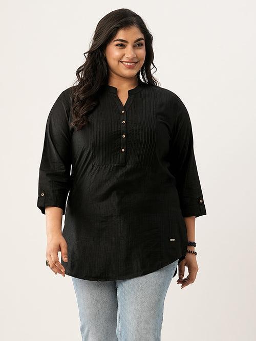 Black Comfort Fit Rayon Tunics for Women Online India Hip Length Straight - Zola