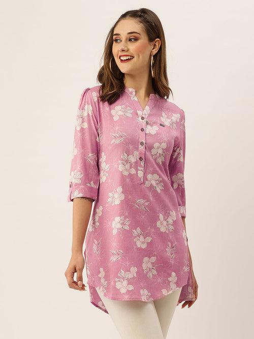 Exclusive Mandarin Collar Rayon All Over Floral Print Pink Straight Tunic For Women - ZOLA