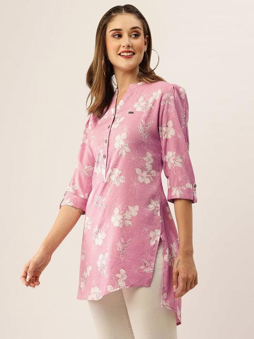 Exclusive Mandarin Collar Rayon All Over Floral Print Pink Straight Tunic For Women - ZOLA