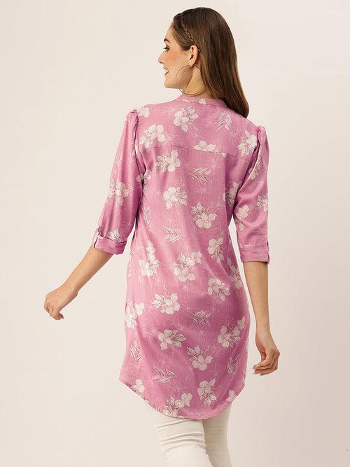 Exclusive Mandarin Collar Rayon All Over Floral Print Pink Straight Tunic For Women - ZOLA