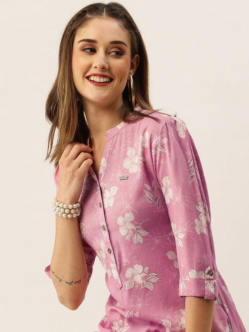 Exclusive Mandarin Collar Rayon All Over Floral Print Pink Straight Tunic For Women - ZOLA