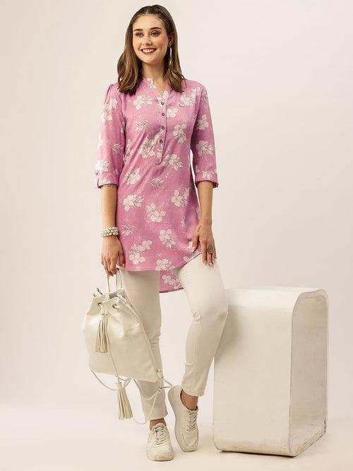 Exclusive Mandarin Collar Rayon All Over Floral Print Pink Straight Tunic For Women - ZOLA