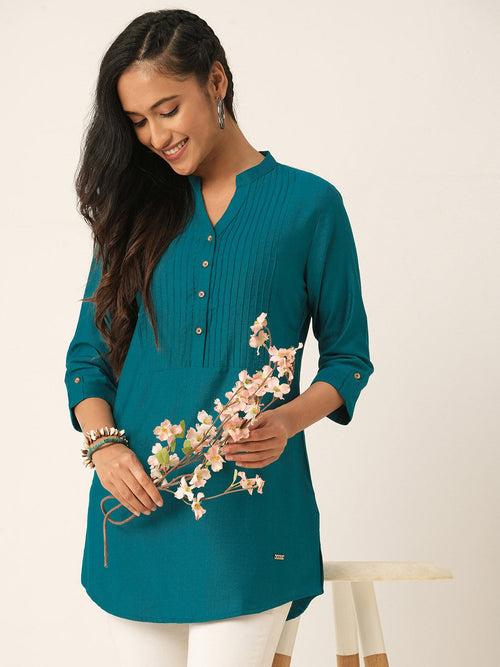 Teal Comfort Fit Rayon Tunics for Women Online in India Hip Length Straight - Zola