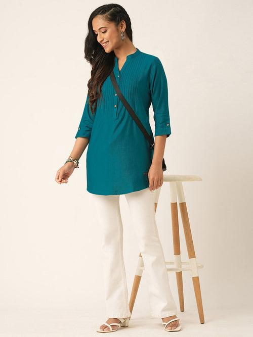 Teal Comfort Fit Rayon Tunics for Women Online in India Hip Length Straight - Zola