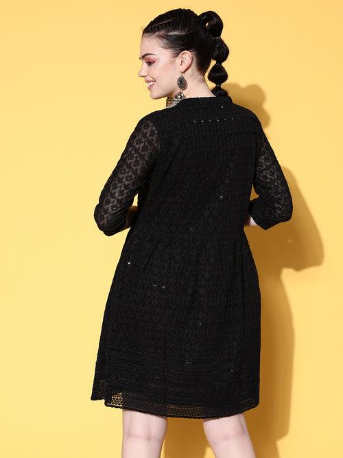 Zola Georgette Mandarin Collar Black Chikankari Embroidery with Sequin Work  Midy for Women